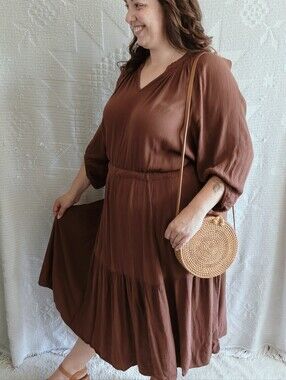 Reitmans 2XL Brown Blouson Peasant Maxi Dress Smocked Elastic Waist Tiered Flow
